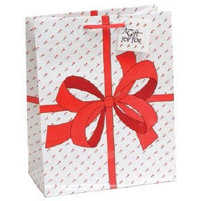 Tote-Style Gift Bags in White with Red Ribbon & Roses Print - Pack of 20