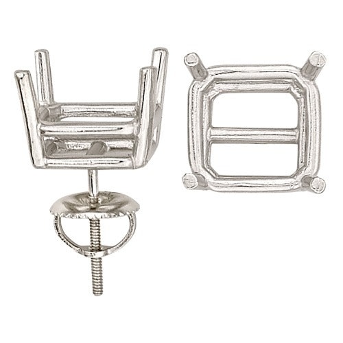 14K White Double Wire Princess-Cut Screw Back Earring W/ Round Prongs