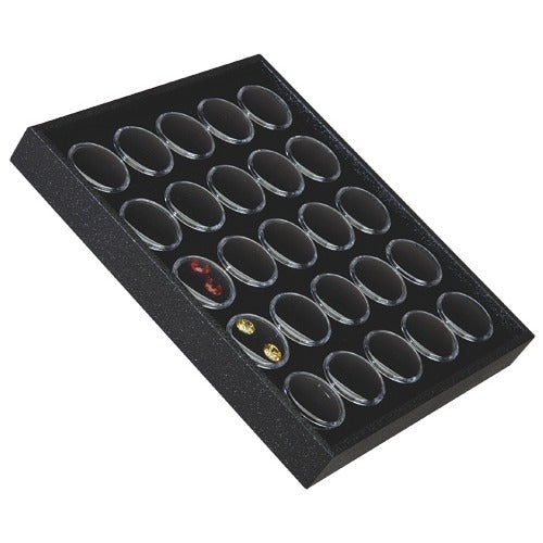 25 Acrylic 1.13" Gem Jars with Black Inserts in Black Wood Trays