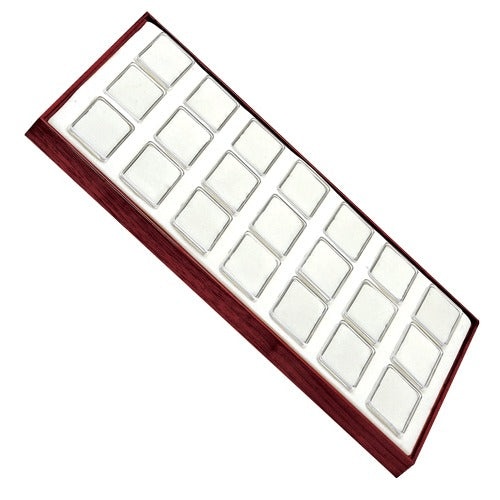 21 Acrylic Gem Jars with White Flat-Foam Inserts in Mahogany Wood Trays