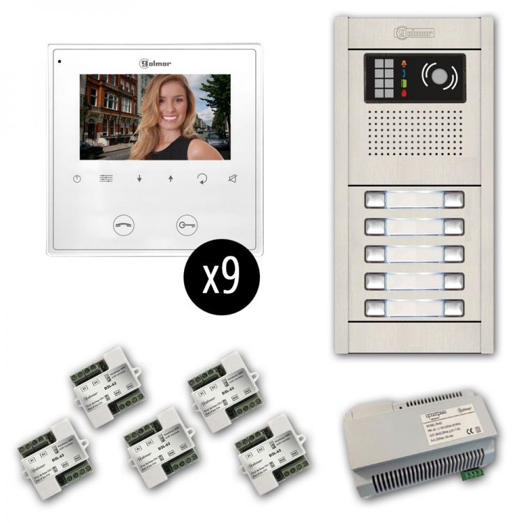 Gb2 Series: 9-Unit Color Video Entry Intercom Kit. Nine 4.3" Soft-Touch Monitors, Surface-Mounted Aluminum Entrance Panel (9-Button)