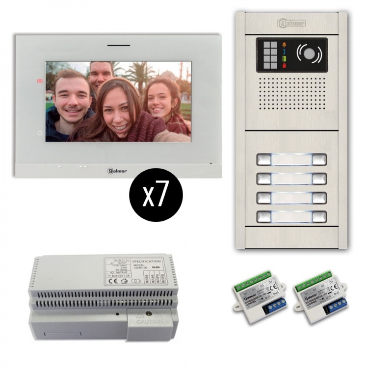 7-Unit Videointercom Kit-Al-Su. Incl. 7- Art7lite/G2 Monitors 8 Button Surface Alum. Door Camera Station & Power Equipt