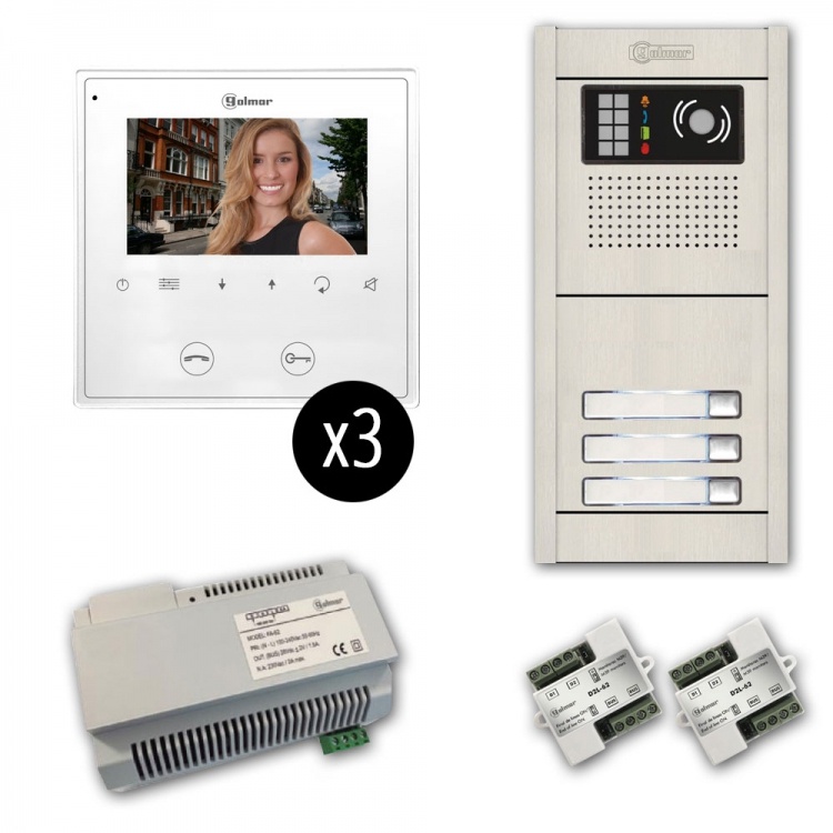 Gb2 Series: 3-Unit Color Video Entry Intercom Kit. Three 4.3" Soft-Touch Monitors, Flush-Mounted Aluminum Entrance Panel (3-Button)