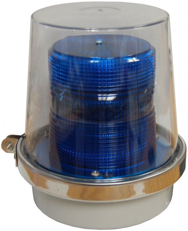 24Vdc Blue Strobe Light+Cover. Operates On 24Vdc. Base Is Threaded For 1/2" Pipe Mount Can Be Used Outdoors