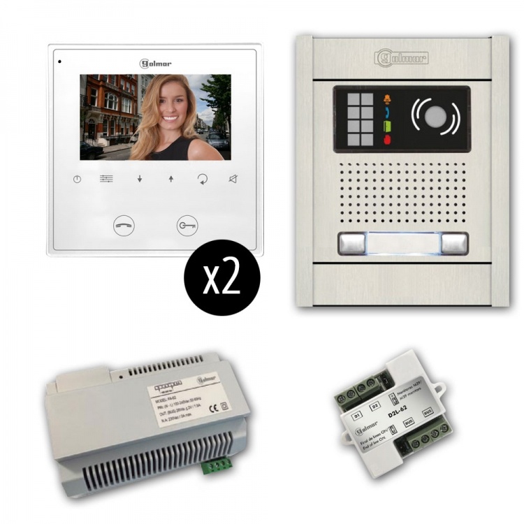 Gb2 Series: 2-Unit Color Video Entry Intercom Kit. Two 4.3" Soft-Touch Monitors, Surface-Mounted Aluminum Entrance Panel (2-Button)