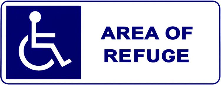 Area Of Refuge Sign-Frnt Arrow. White Pvc Plastic With Blue Lettering Comes With Double-Stick Tape