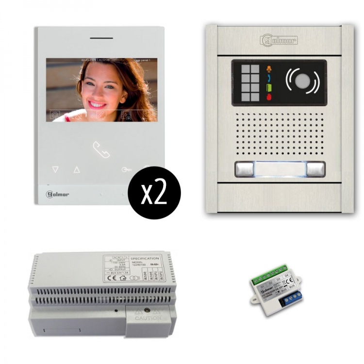 2-Unit Videointercom Kit-Al-Fl. Incl. 2- Art4lite/G2 Monitors 2 Button Flush Alum. Door Camera Station & Power Equipt