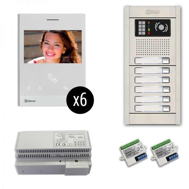 6-Unit Videointercom Kit-Al-Su. Incl. 6- Art4lite/G2 Monitors 6 Button Surface Alum. Door Camera Station & Power Equipt