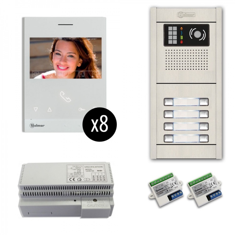 8-Unit Videointercom Kit-Al-Fl. Incl. 8- Art4lite/G2 Monitors 8 Button Flush Alum. Door Camera Station & Power Equipt