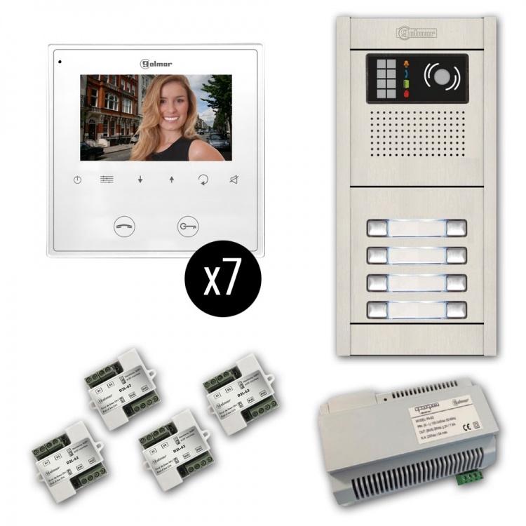 Gb2 Series: 7-Unit Color Video Entry Intercom Kit. Seven 4.3" Soft-Touch Monitors, Surface-Mounted Aluminum Entrance Panel (7-Button)