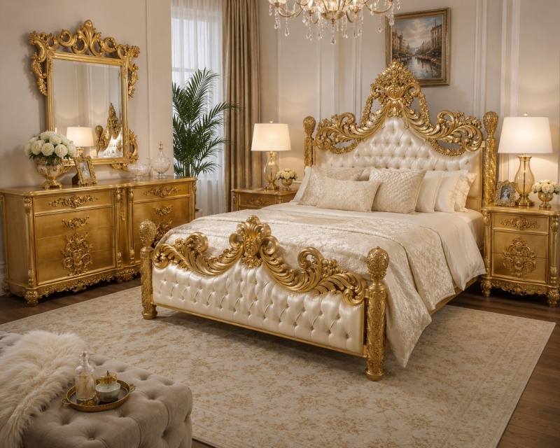 Grand Carved Mahogany Tufted Upholstered King Bedroom Set Of 5