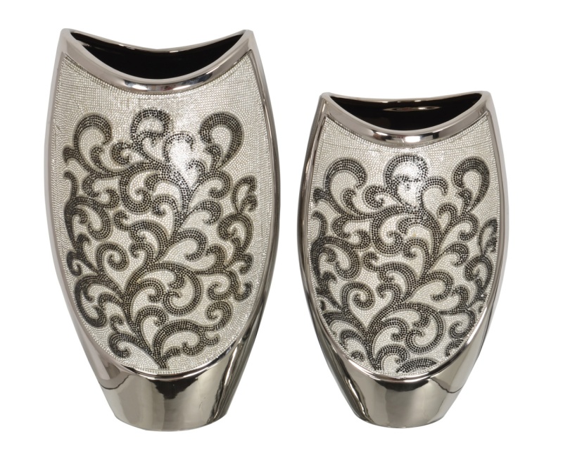Silver Black Crystal Scroll Vases Set Of 2