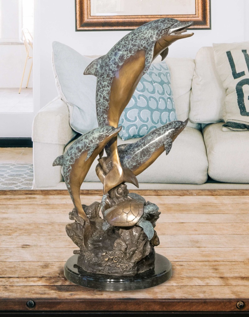 Three Dolphin Turtle Marbl Base Special Patina