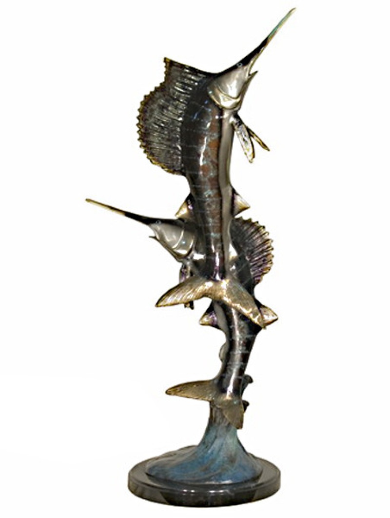 Two Marlin On Marble Base In Special Patina