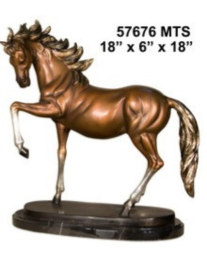 Bronze Rearing Left Horse Sculpture On Marble Base