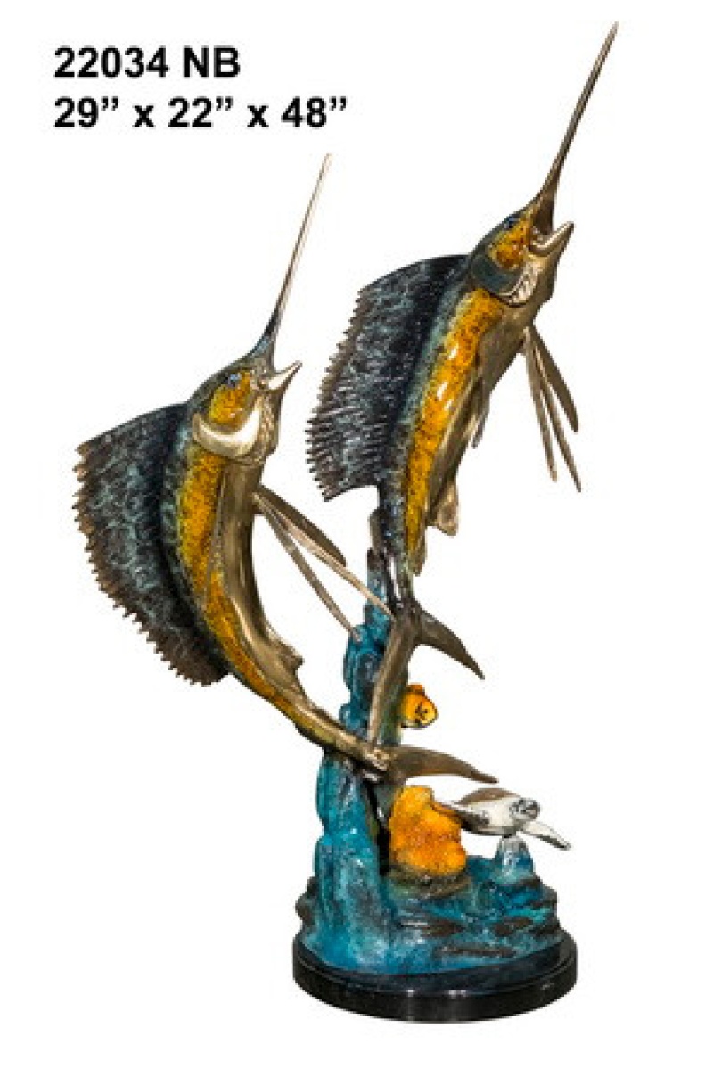 Two Swordfish With Turtle On Marble Base