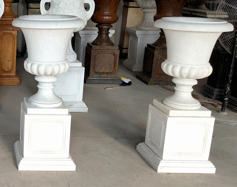 Pair Marble Hunan White Urns on Pedestals