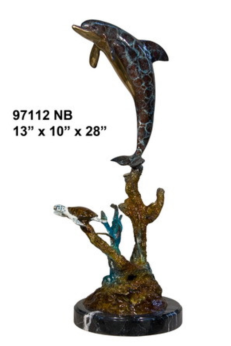 Dolphin and Turtle Sculpture on Marble Base