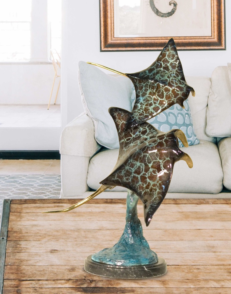 22"H Manta Ray Twin In Special Patina On Marble Base Bronze Statue Garden