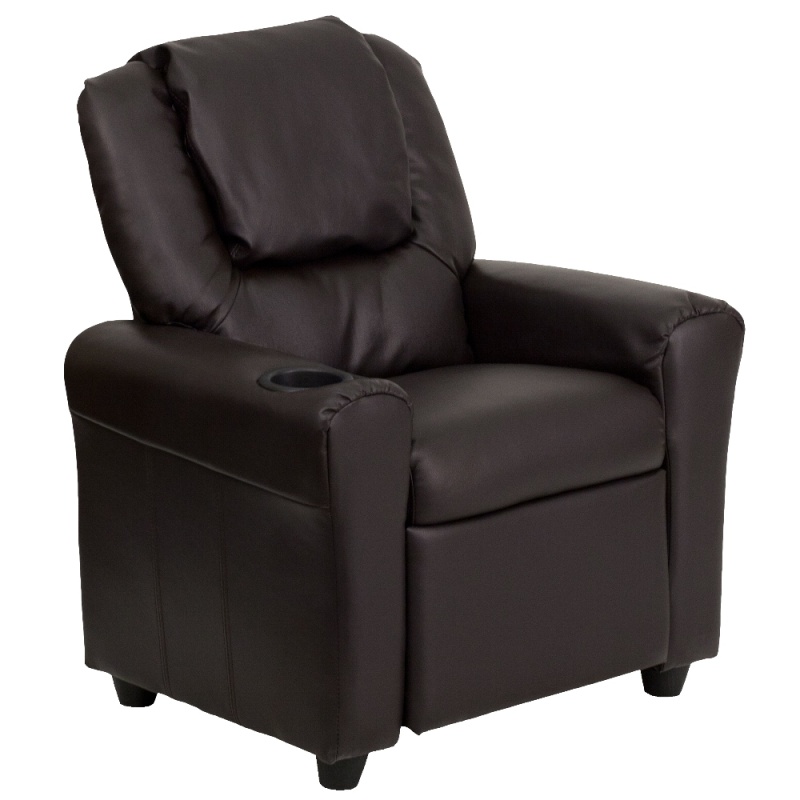 Vana Contemporary Brown Leathersoft Kids Recliner With Cup Holder And Headrest