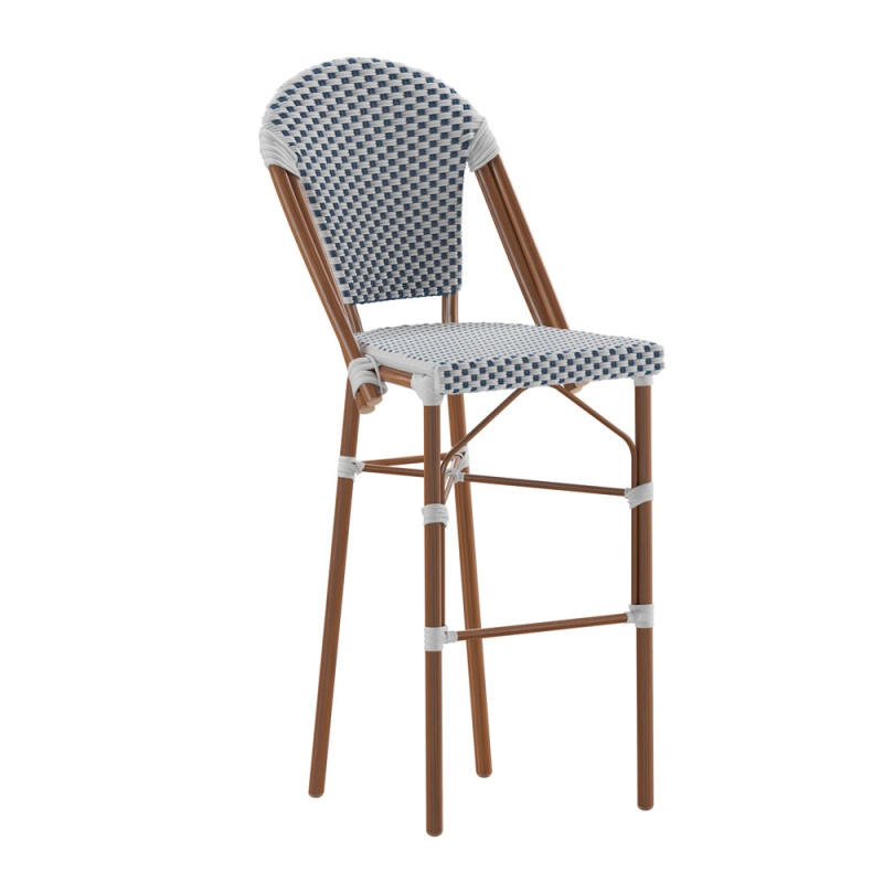 Lourdes Stackable Indoor/Outdoor Bistro 30" High Barstool, Commercial Grade, White/Navy And Bamboo Finish