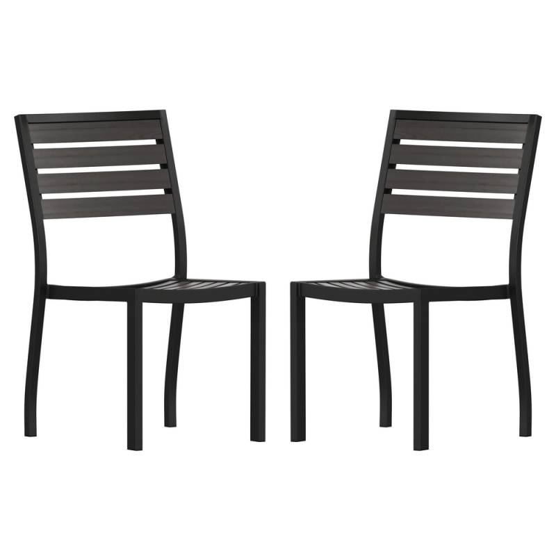 Lark Outdoor Stackable Side Chair With Gray Wash Faux Teak Poly Slats, Set Of 2