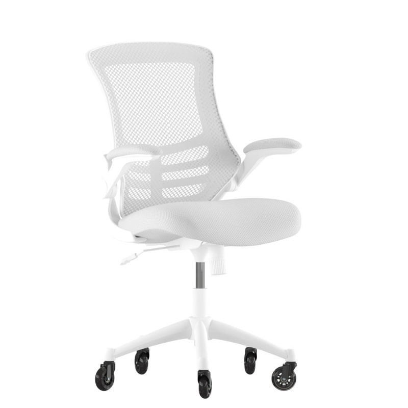 Kelista Mid-Back Light Gray Mesh Swivel Ergonomic Task Office Chair With White Frame, Flip-Up Arms, And Transparent Roller Wheels