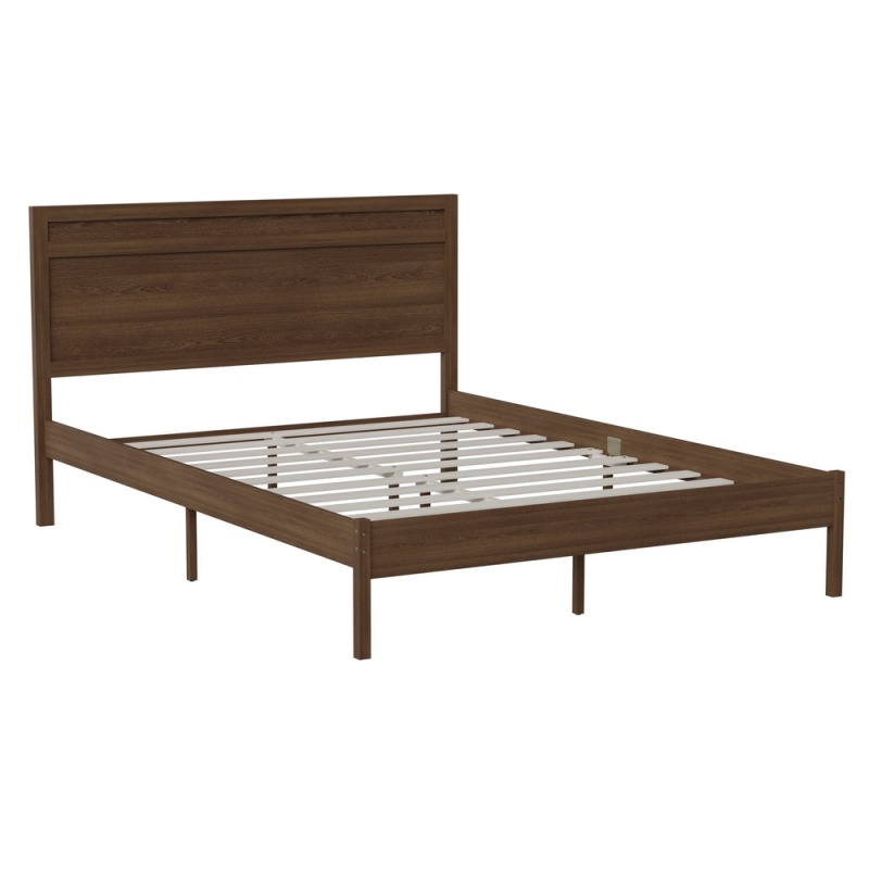 Kingston Queen Size Solid Wood Platform Bed With Wooden Slats And Headboard, No Box Spring Needed, Brown