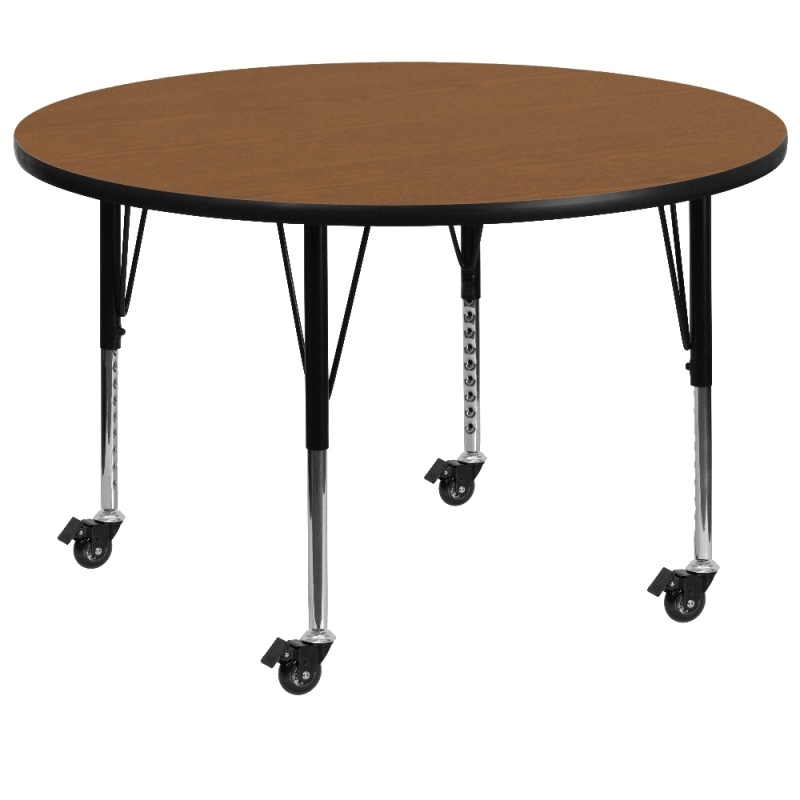 Wren Mobile 60'' Round Oak Thermal Laminate Activity Table - Height Adjustable Short Legs