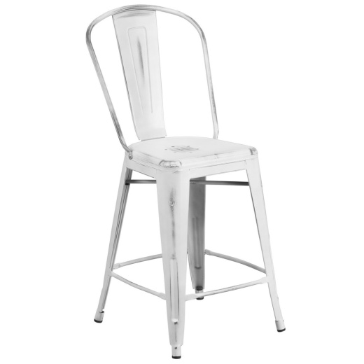Carly Commercial Grade 24" High Distressed White Metal Indooroutdoor Counter Height Stool With Back