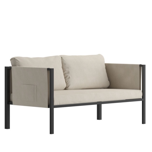 Lea Indoor/Outdoor Loveseat With Cushions Modern Steel Framed Chair With Storage Pockets, Black With Beige Cushions