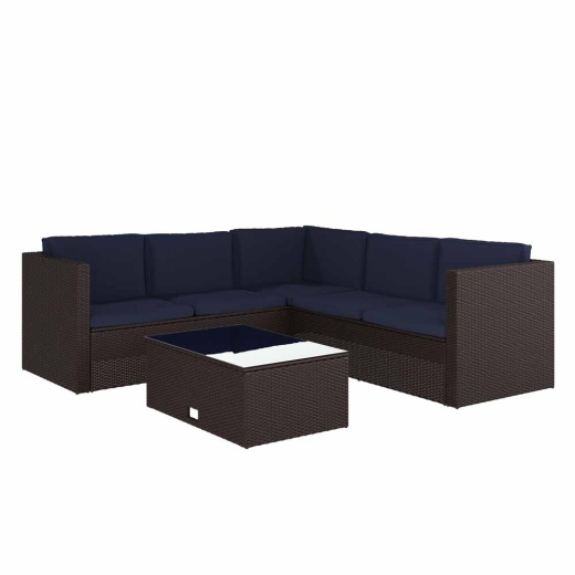 Roan Indoor/Outdoor Lshaped Sectional With Coffee Table In Brown Wicker Pe Rattan With Navy Cushions