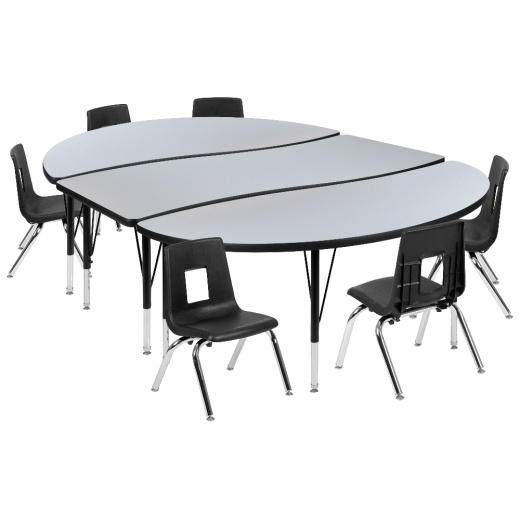 Emmy 86" Oval Wave Flexible Laminate Activity Table Set With 12" Student Stack Chairs, Grey/Black
