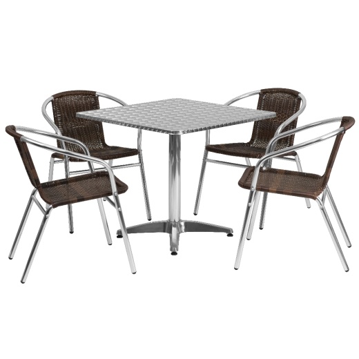 Lila 31.5'' Square Aluminum Indooroutdoor Table Set With 4 Dark Brown Rattan Chairs