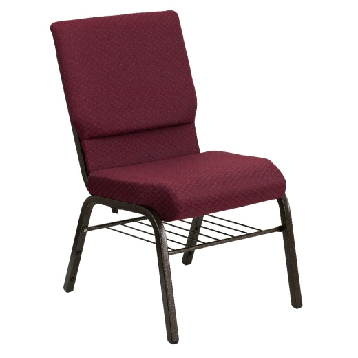 Hercules Series 18.5''W Church Chair In Burgundy Patterned Fabric With Book Rack Gold Vein Frame