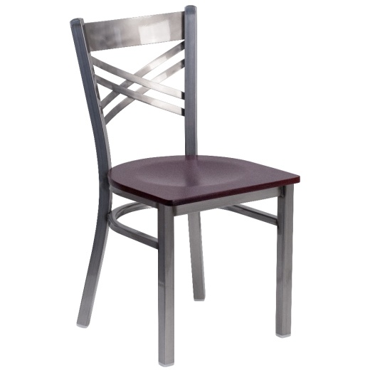 Hercules Series Silver Antique Finish With Clear Coat ''X'' Back Metal Restaurant Chair Mahogany Wood Seat