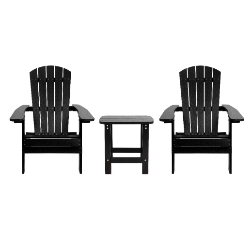 2 Pack Charlestown Commercial Allweather Poly Resin Folding Adirondack Chairs With Side Table In Black