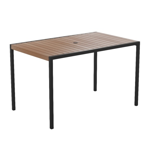 Lark Outdoor Dining Table With Synthetic Teak Poly Slats 30" X 48" Steel Framed Restaurant Table With Umbrella Holder Hole