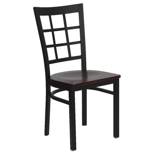 Hercules Series Black Window Back Metal Restaurant Chair Mahogany Wood Seat