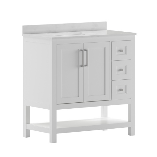 Vega 36 Inch Bathroom Vanity With Sink, Storage Cabinet With Soft Close Doors, Open Shelf And 3 Drawers, Carrara Marble Finish Countertop, White/White