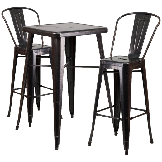 Commercial Grade 23.75" Square Blackantique Gold Metal Indooroutdoor Bar Table Set With 2 Stools With Backs