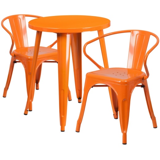 Napoleon Commercial Grade 24" Round Orange Metal Indooroutdoor Table Set With 2 Arm Chairs
