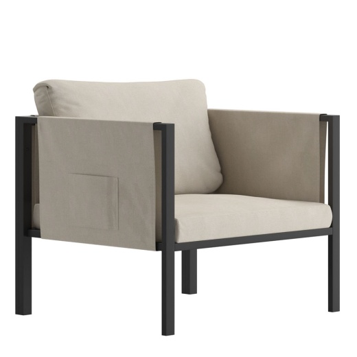 Lea Indoor/Outdoor Patio Chair With Cushions Modern Steel Framed Chair With Storage Pockets, Black With Beige Cushions