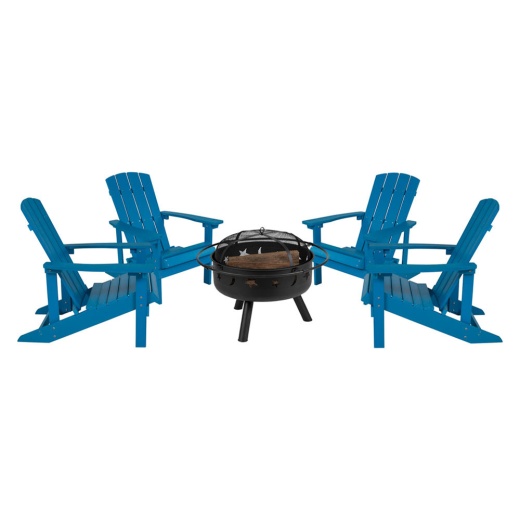 5 Piece Charlestown Blue Commercial Poly Resin Wood Adirondack Chair Set With Fire Pit Star And Moon Fire Pit With Mesh Cover