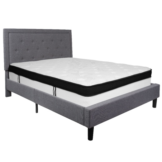 Roxbury Queen Size Tufted Upholstered Platform Bed In Light Gray Fabric With Memory Foam Mattress