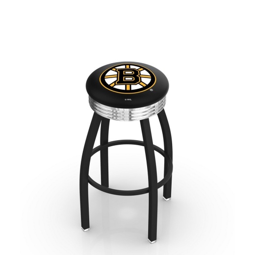 L8b3c Black Wrinkle Boston Bruins Swivel Bar Stool With Chrome 2.5" Ribbed Accent Ring By Holland Bar Stool Company