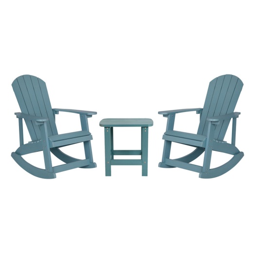 Set Of 2 Savannah Commercial Grade Allweather Poly Resin Wood Adirondack Rocking Chairs With Side Table In Sea Foam
