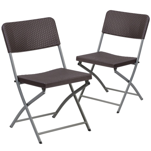 2 Pk. Hercules Series Brown Rattan Plastic Folding Chair With Gray Frame