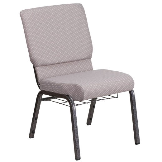 Hercules Series 18.5''W Church Chair In Gray Dot Fabric With Book Rack Silver Vein Frame