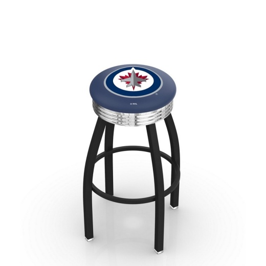 L8b3c Black Wrinkle Winnipeg Jets Swivel Bar Stool With Chrome 2.5" Ribbed Accent Ring By Holland Bar Stool Company